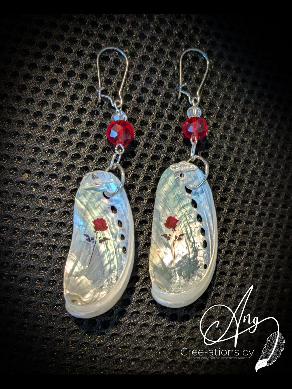 Indigenous Made Pearl Baby Abalone Shell Earrings With Red Rose Art